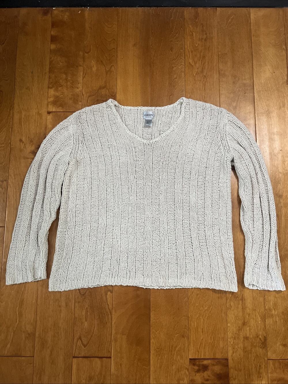Chico’s Open Knit Silk Blend Sweater Size 2 Beige Quiet Luxury Coastal Nautical